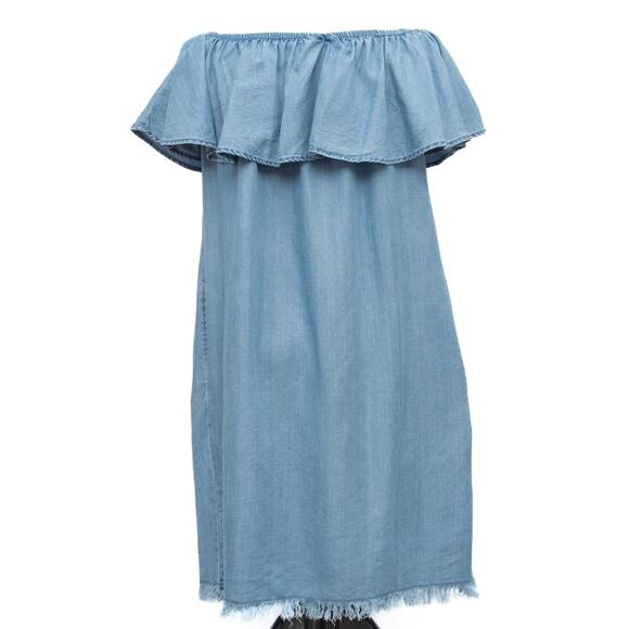 Beach Lunch Lounge Tova Off the Shoulder Chambray Frayed Hem Dress Size Small - Picture 3 of 14